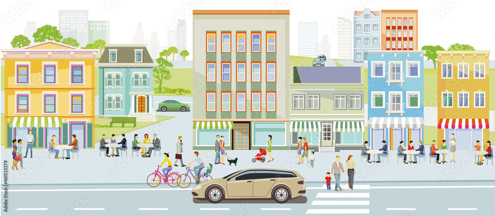 Leben und Freizeit in einer Stadt mit Restaurants und Einkaufsstraße, illustration