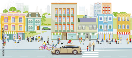 Leben und Freizeit in einer Stadt mit Restaurants und Einkaufsstraße, illustration