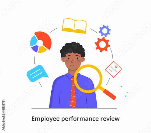 Employee perfomance review. Evaluation of work efficiency, check of personnel. Search for talent, encouragement of best, optimization of work. Cartoon vector illustration isolated on white background