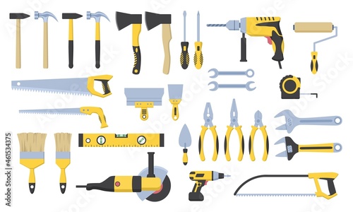 Set of construction tools. Saws, hacksaws, hammers, screwdrivers, paint brushes. Collection of realistic icons for construction online store. Flat vector illustrations isolated on white background
