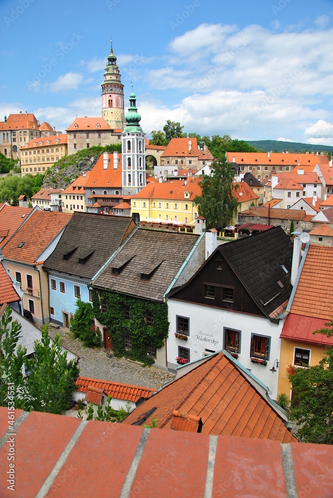 Aerial panorama view of Český Krumlov old town with the Cesky Krumlov castle and tower and river flowing around, Czech Republic