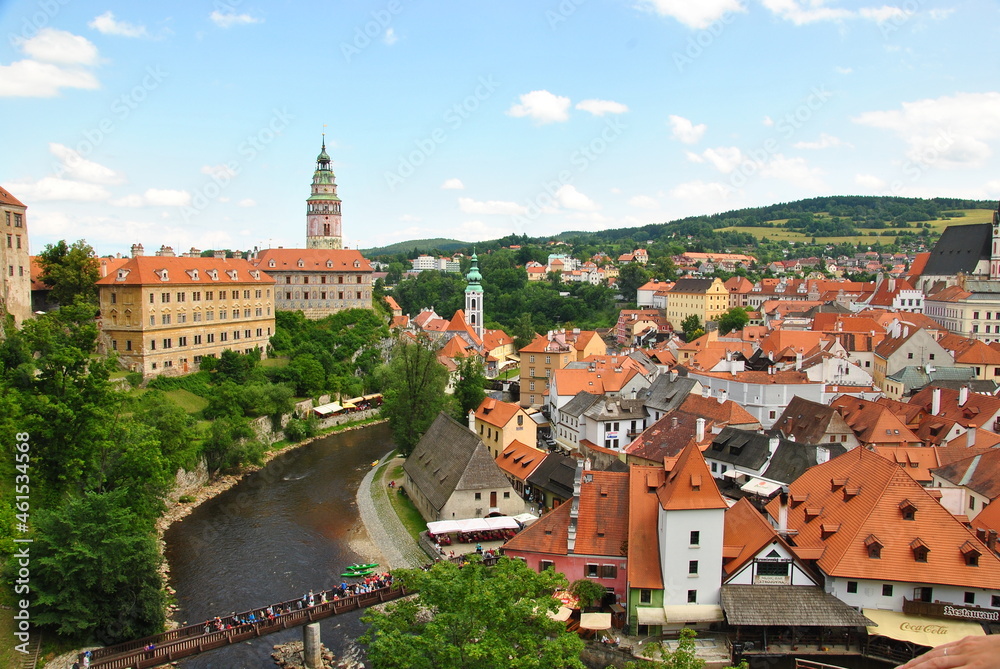 Aerial panorama view of Český Krumlov old town with the Cesky Krumlov castle and tower and river flowing around, Czech Republic
