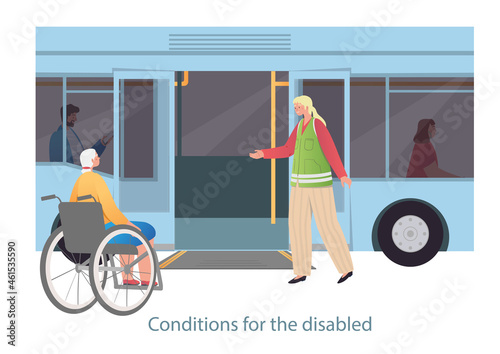 Woman gets on bus. Ramps, modern transport, caring for people with disabilities. Accessibility for Persons with Disabilities. Comfortable ride for everyone