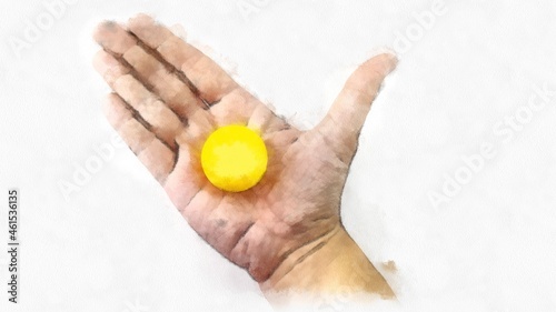 male hand holding ping pong ball watercolor style illustration impressionist painting.