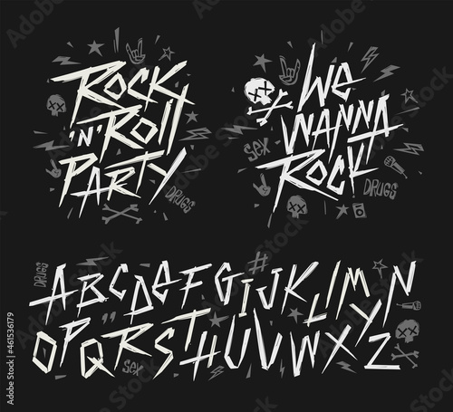 Rock n roll vintage sign and grunge style font alphabet vector template. Set of Rock'n'roll doodle  collection for print stump tee and poster design. Punk Rock music type font photo