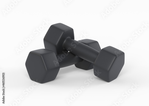 Two black plastic or metal fitness dumbbells lie on top of each other isolated on white background. Gym and fitness equipment. Workout tools. Sport training and lifting concept. 3D render illustration