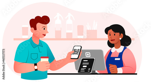 Man pays with smartphone in store. QR code concept. Cartoon flat vector illustration isolated on white background