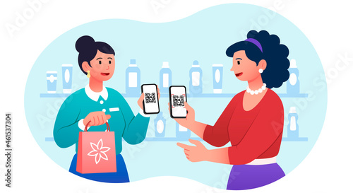 Women transfer money to smartphone. Girlfriends contact by QR codes. Connect two devices, ewallet, cashless. Concept of payment system. Cartoon flat vector illustration isolated on white background