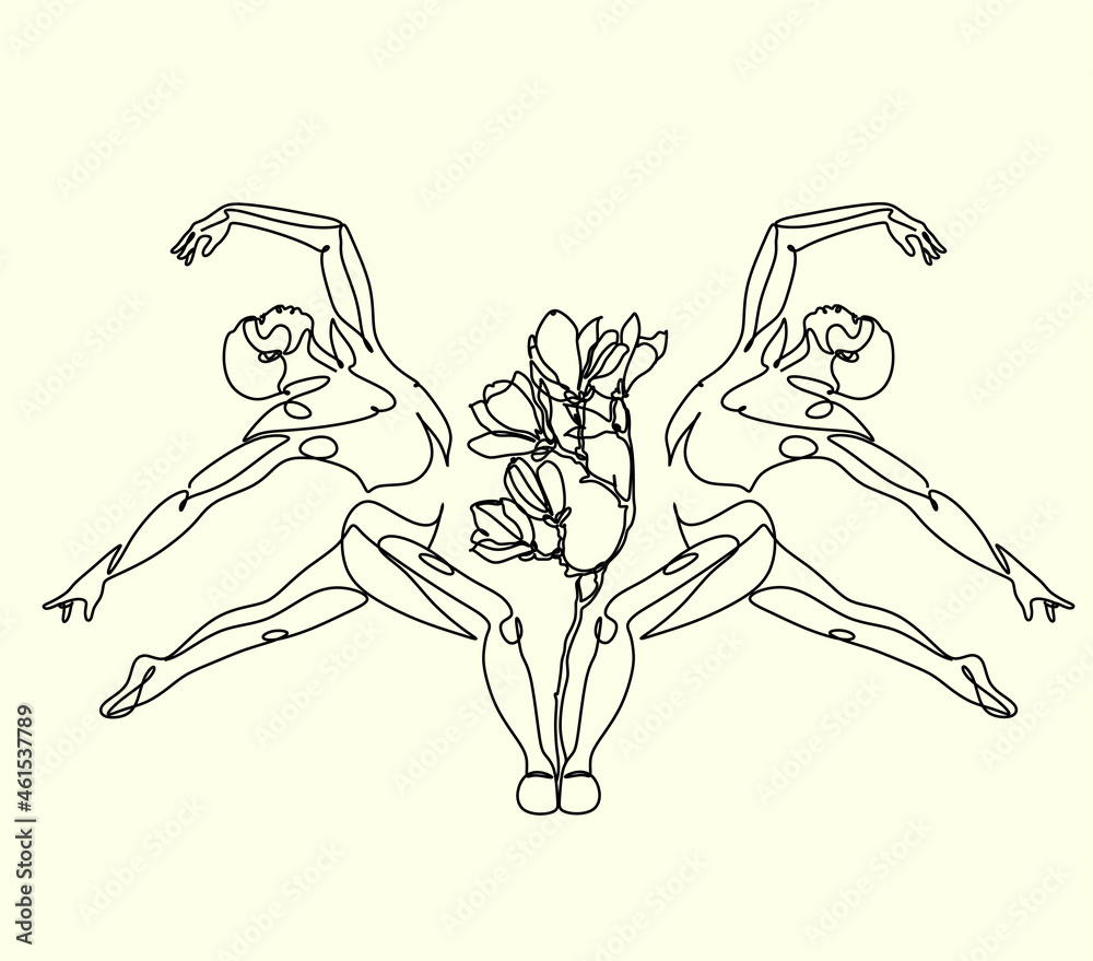 Fototapeta premium Minimal illustration of male dancer. Surreal line art modern man with magnolia frower growing from him. Contemporary art. Young flexible athletic men with flowers. Dancer school logo