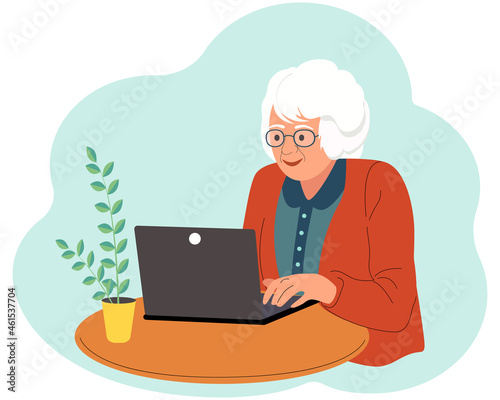 Senior gray-haired woman sitting with a laptop at the table. The concept of using modern technologies by the elderly, pensioners. Remote work from home, retraining, e-learning.  vector illustration