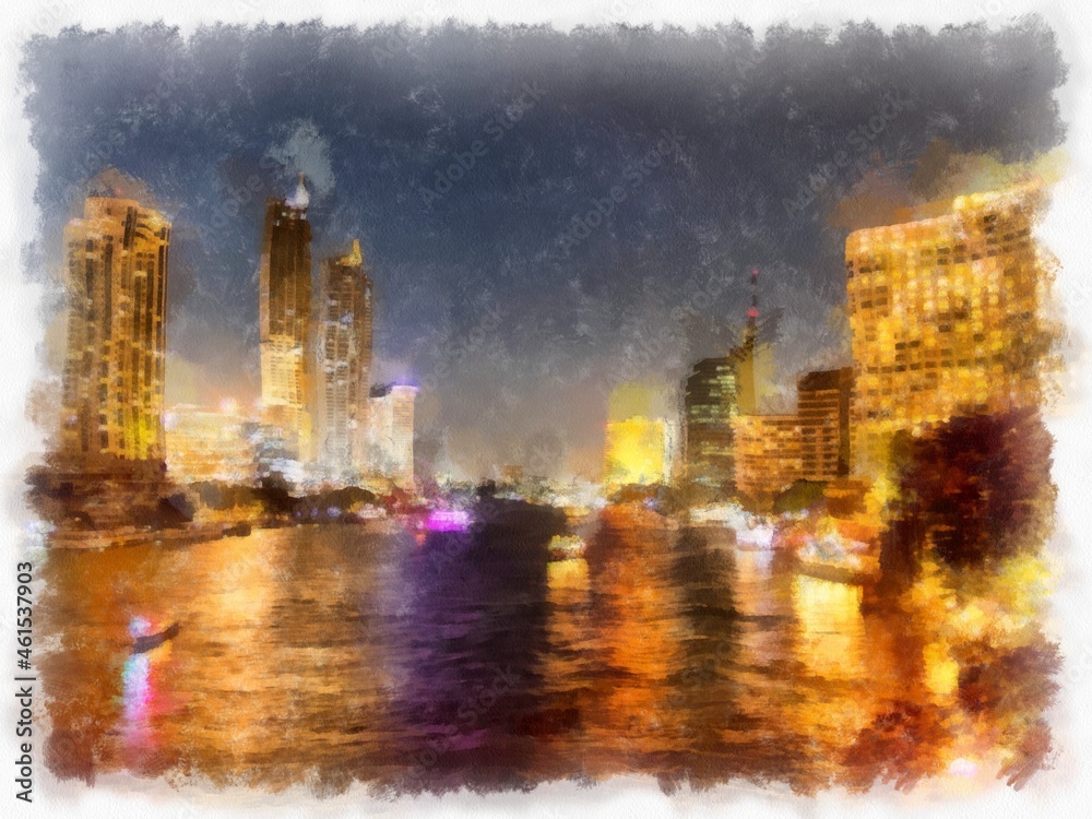 city and river landscape at night watercolor style illustration impressionist painting.