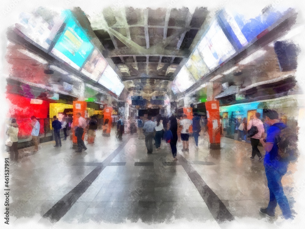The landscape of the sky train station in the middle of the city watercolor style illustration impressionist painting.