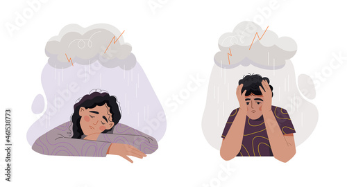 Sad man and woman under rain. Difficult life situation, depression, unhappy. People sit with their hands on their heads, and cloud above them. Flat vector illustration isolated on white background