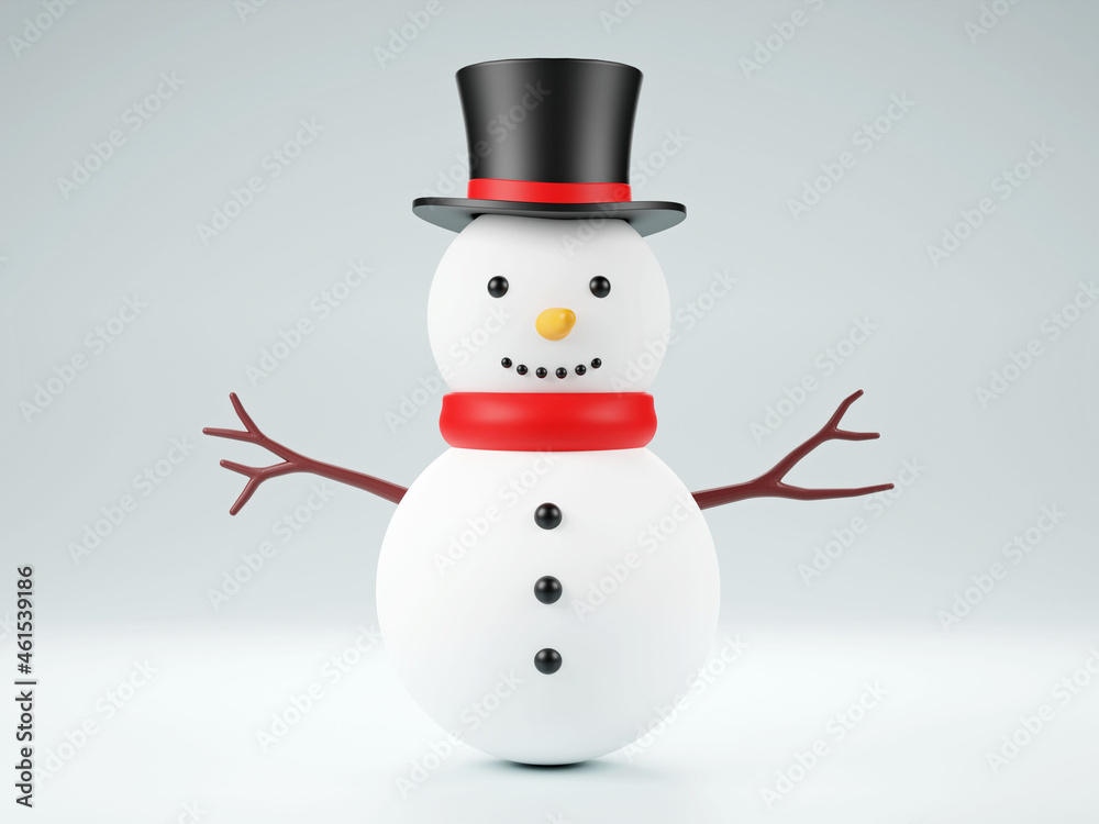 Snowman with hat and scarf isolated on white background. 3d rendering. cute snowman isolated background.