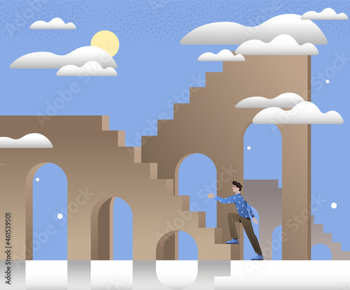 Man walking up stairs. Concept of personal growth, selfimprovement, selfdevelopment. Persistence and daily effort for target and goal. Cartoon flat vector illustration isolated on white background