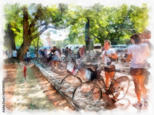 Bicycle parking lot in the park watercolor style illustration impressionist painting.