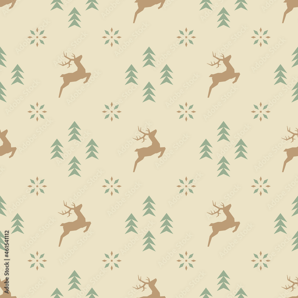 Vector christmas seamless pattern with cute stylized reindeers, snowflakes and spruces. Light kids geometric background in scandinavian style for fabric, wrapping paper, packaging and wallpaper