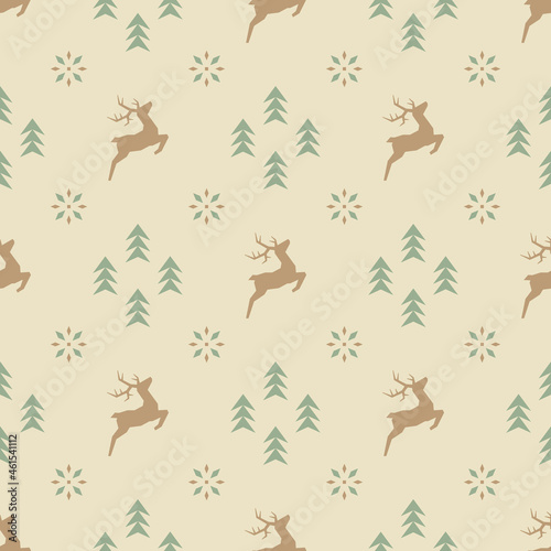 Vector christmas seamless pattern with cute stylized reindeers  snowflakes and spruces. Light kids geometric background in scandinavian style for fabric  wrapping paper  packaging and wallpaper