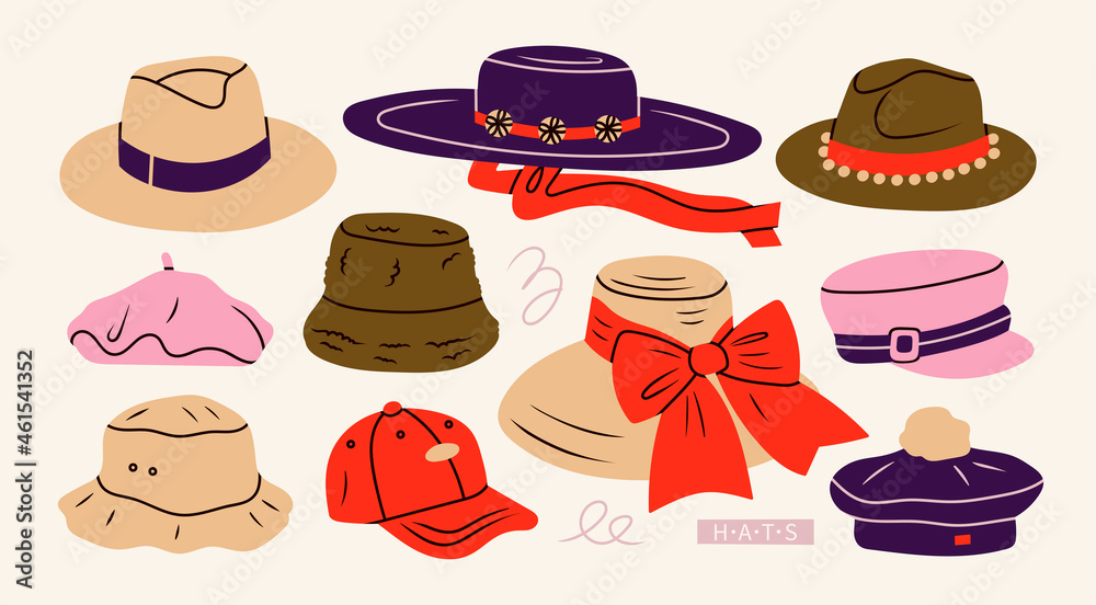 Set of various Hats for different seasons. Different colors and styles. Elegant broad brimmed hat, fedora, panama, gaucho, cap, beret. Fashion headwear concept. Hand drawn trendy Vector illustration Set of various Hats for different seasons. Different colors and styles. Elegant broad brimmed hat, fedora, panama, gaucho, cap, beret. Fashion headwear concept. Hand drawn trendy Vector illustration