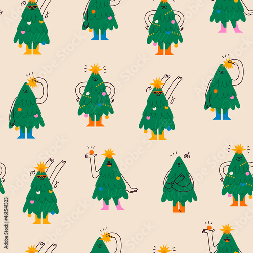 Funny Christmas trees. Characters with smiling faces. Cartoon style. Merry Christmas, New year concept. Trees with hands, legs, garland with lights. Hand drawn Vector seamless Pattern