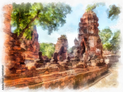Ancient ruins in Ayutthaya Thailand watercolor style illustration impressionist painting.