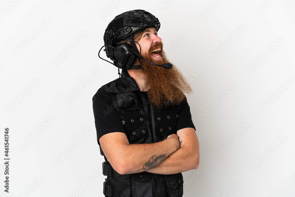 Redhead SWAT isolated on white background happy and smiling Redhead SWAT isolated on white background happy and smiling