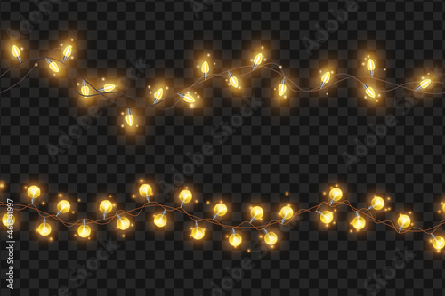 Bright light string garland, vector Christmas holiday illumination illustration, x-mas decoration element. Party celebration golden bulb on transparent background, carnival lamp. Light garland clipart