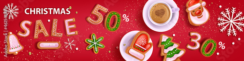 Christmas holiday sale banner, vector x-mas red discount background, winter promotion offer poster. Landing page advertisement, gingerbread dessert, coffee, snowflakes. Christmas sale marketing flyer