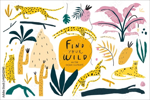 Vector doodle style illustrations objects set. Cartoon character leopard  exotic plant  jungle leaf  fruit handwritten quote find your wild