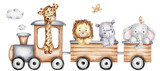 Cartoon train with giraffe, elephant, lion and hippopotamus; watercolor hand drawn illustration; with white isolated background