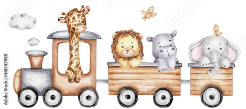 Cartoon train with giraffe, elephant, lion and hippopotamus  watercolor hand drawn illustration  with white isolated background © Нина Новикова