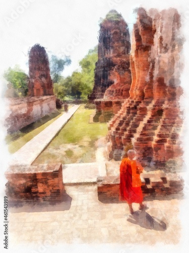 Ancient ruins in Ayutthaya Thailand watercolor style illustration impressionist painting.