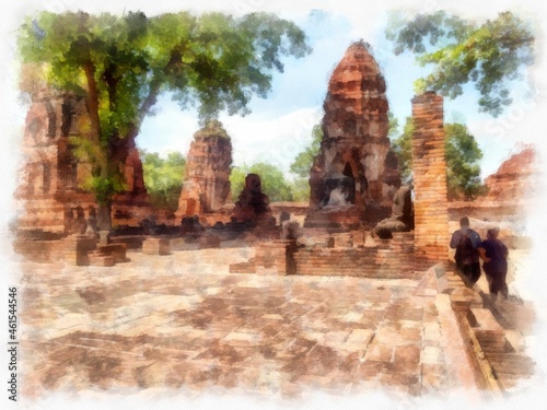 Ancient ruins in Ayutthaya Thailand watercolor style illustration impressionist painting.