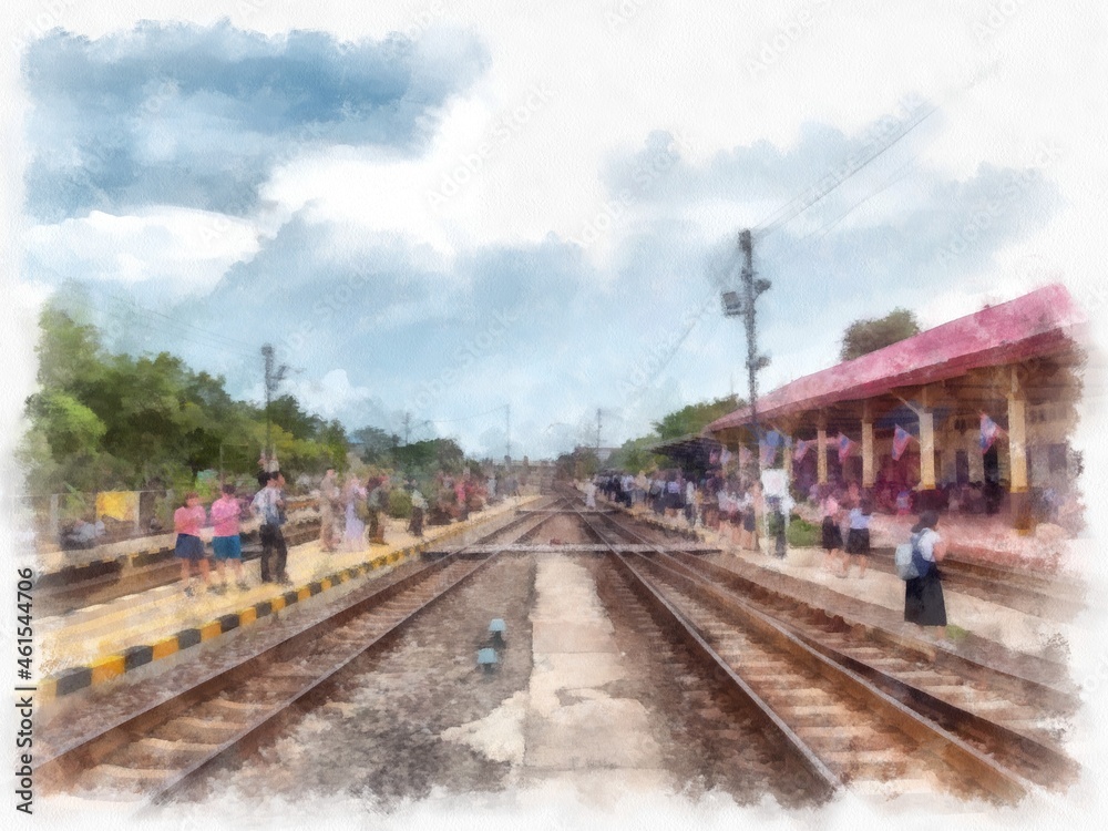 Thai train station market watercolor style illustration impressionist painting.