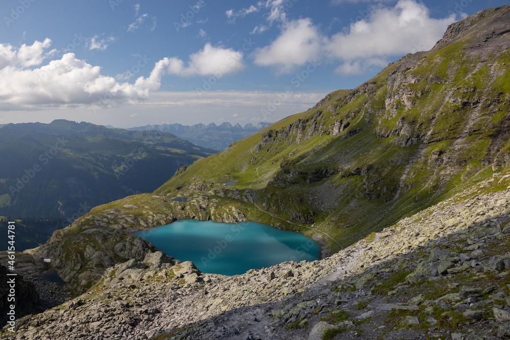 A wonderful view to the horizon at a beautiful sunset in the alps of Switzerland by an alpine lake called Schottensee. These colors by the sunset are just amazing. Epic clear blue water.