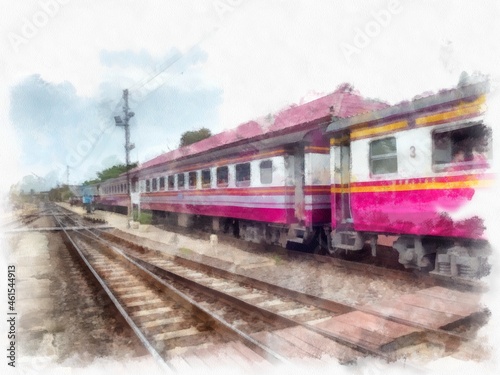 Thai train at the train station market watercolor style illustration impressionist painting.