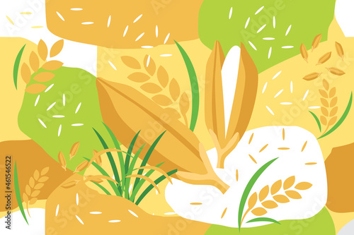 Rice paddy and grain elements seamless pattern abstract vector design background