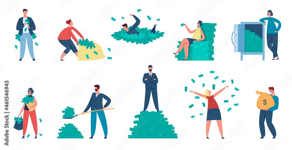 Rich people, millionaire characters with cash and money bags. Wealthy men and women throwing money bills, standing on dollar pile vector set. Business people earning fortune, income