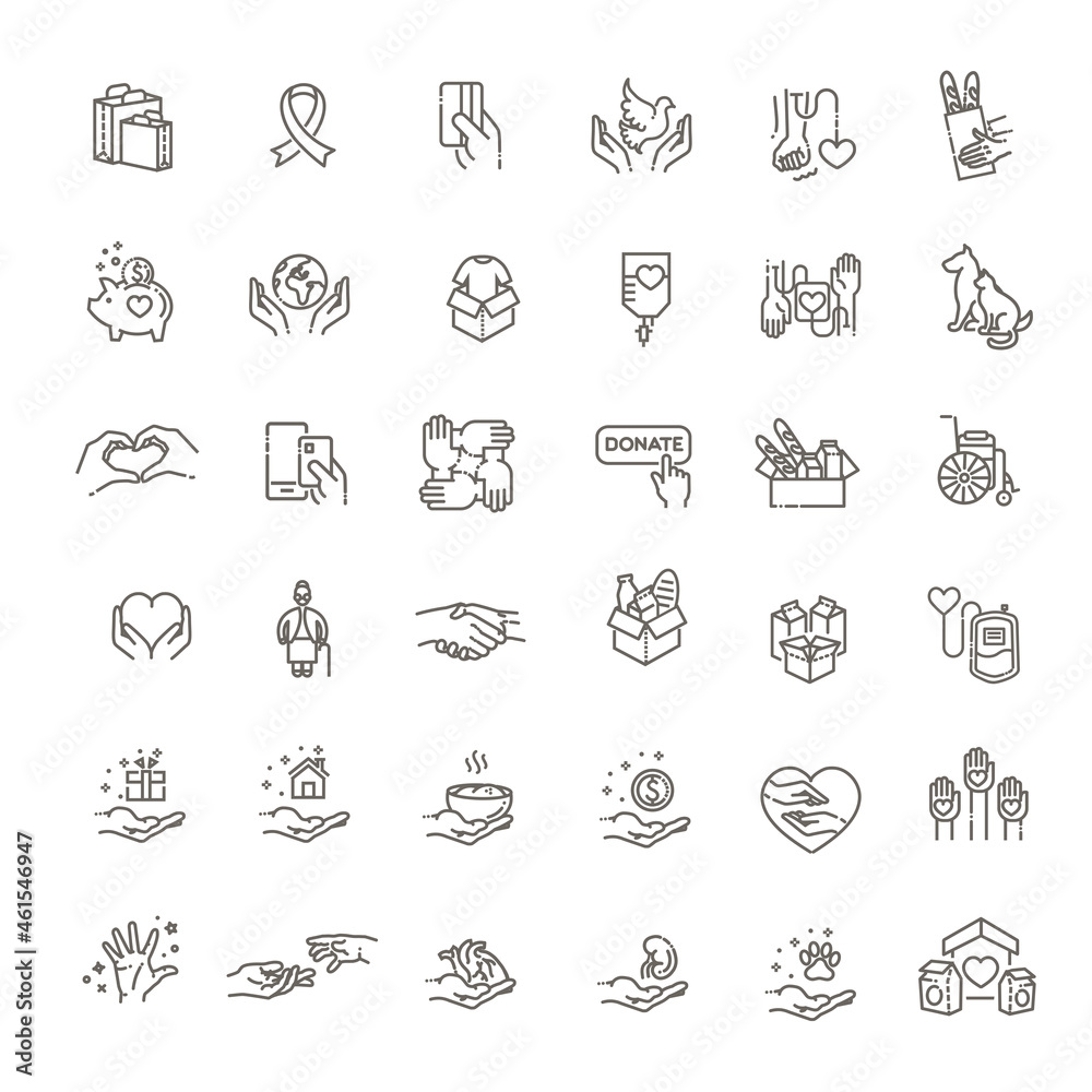 Vector thin line icons related with humanitarian causes - volunteering, adoption, donations, charit Vector thin line icons related with humanitarian causes - volunteering, adoption, donations, charit