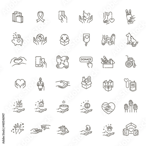 Vector thin line icons related with humanitarian causes - volunteering, adoption, donations, charit