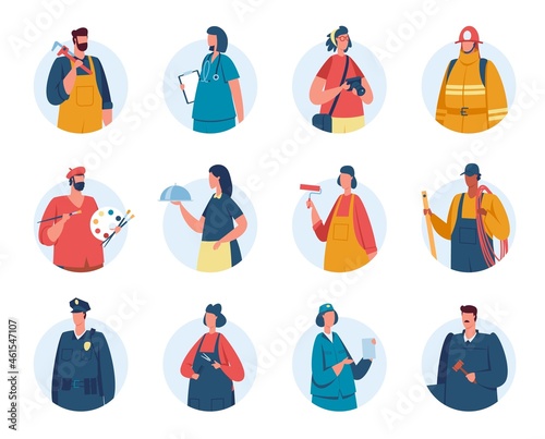 Professional workers avatars, portraits of people with various occupations. Firefighter, policeman, nurse, engineer, waiter avatar vector set. Employees providing different service
