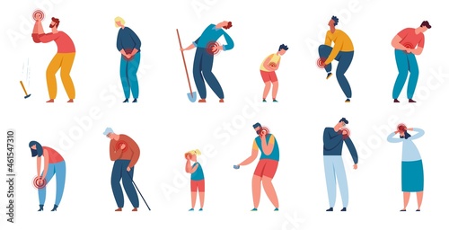 People in pain, characters suffering from various body aches. Men and women with muscle or joint ache caused by injuries or illnesses vector set. Back, shoulder, chest and leg trauma
