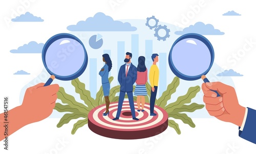 Market research concept. Hands with magnifying glasses aimed at different groups of people. Businessmen studying market, preparing new product. Flat vector illustration isolated on white background