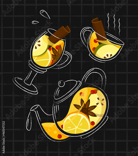 Vector illustration of set cups and teapot with tea, mulled wine on an abstract background of checkered tablecloth. Concept cafe, tea party. It can be used separately in banners, posters, design, etc.