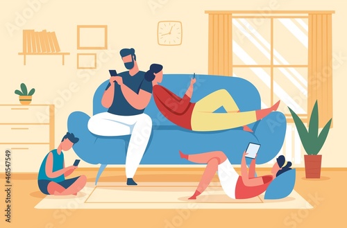 Family using smartphones and tablets, parents and kids with phones. Social media addiction, children use gadgets at home vector illustration. Father, mother and children with devices