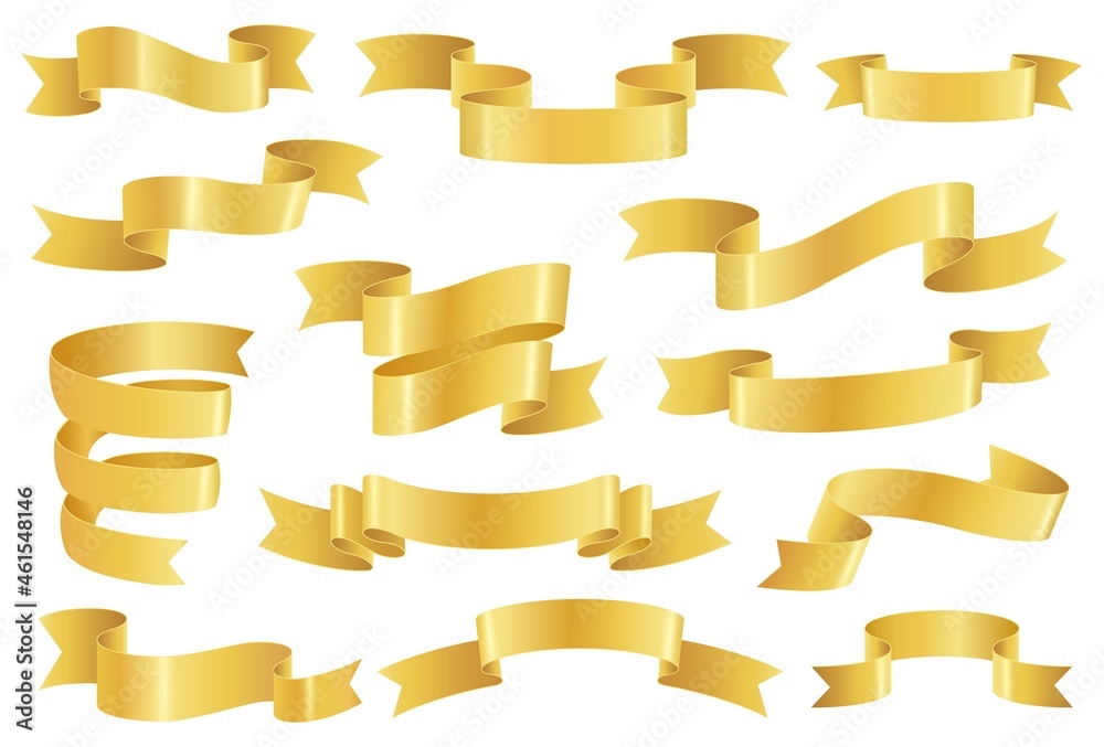 Golden ribbons, realistic glossy gold tape banner elements. Empty premium promo ribbon or scroll, elegant vintage decoration Vector set. Festive promotional blank elements isolated on white