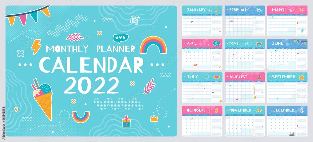 Cute monthly planner with doodles, 2022 calendar template. Kids schedule, school organizer with notes vector, month planning vector templates. Management for education and daily routine - obrazy, fototapety, plakaty 