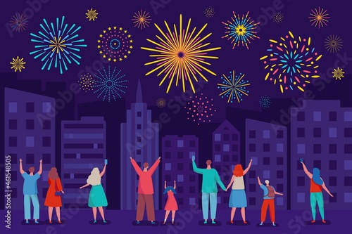 Happy people watching fireworks in night sky. City festival, holiday celebration with colorful firework explosions vector illustration. Parents with children taking photos on phone