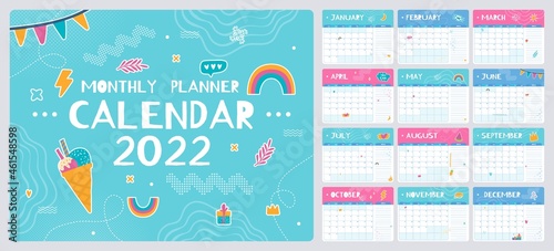 Cute monthly planner with doodles, 2022 calendar template. Kids schedule, school organizer with notes vector, month planning vector templates. Management for education and daily routine