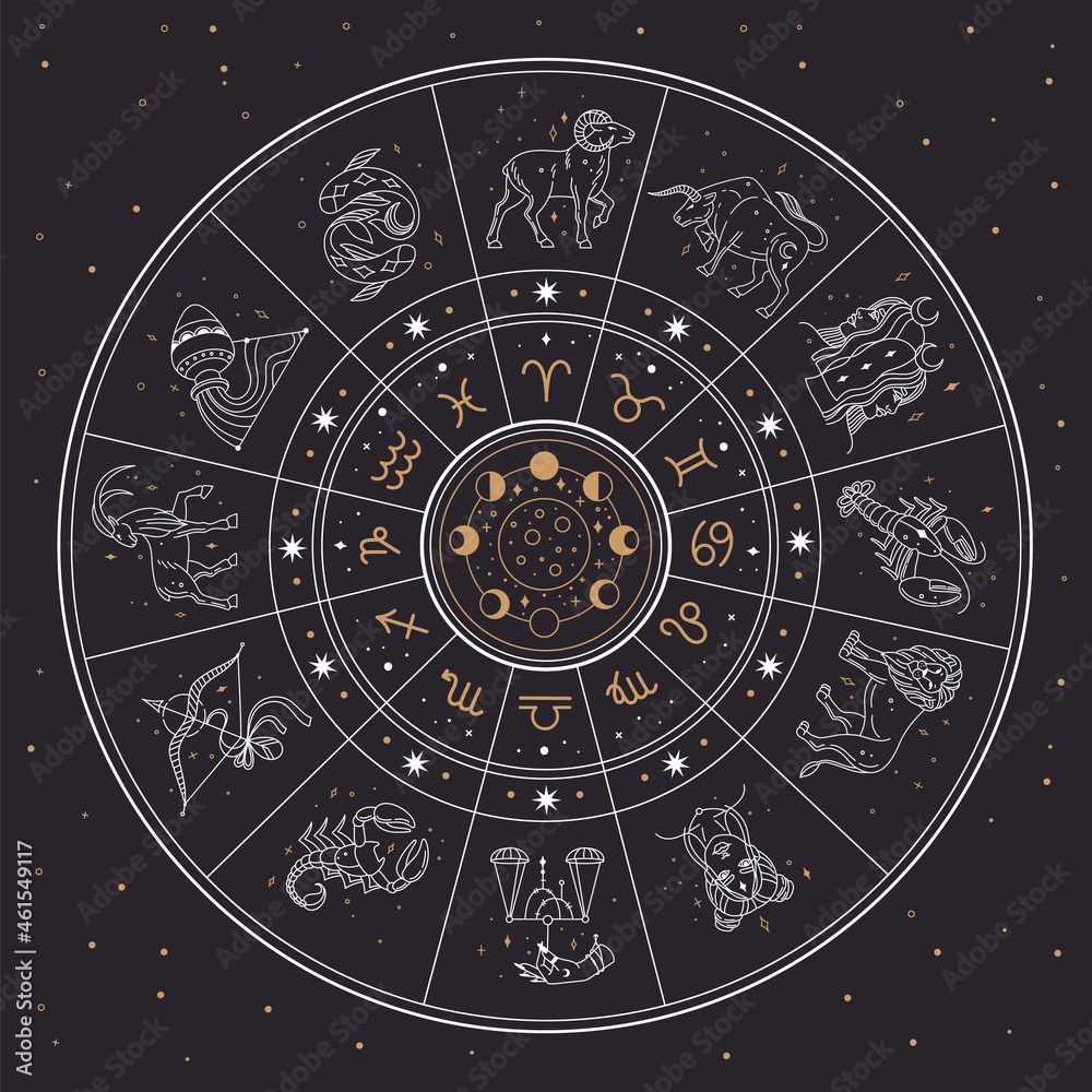 Horoscope astrology circle with zodiac signs and constellations. Gemini, cancer, lion, mystic zodiacal sign collection vector illustration. Calendar with different moon phases in night sky